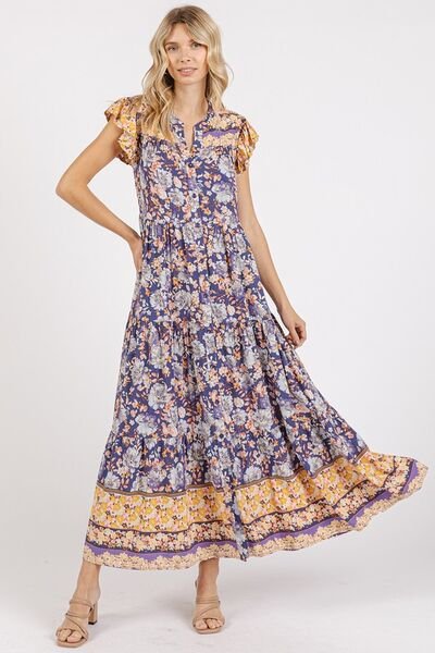 Mittoshop Floral Ruffled Notched Cap Sleeve Maxi Dress | Dresses | 1