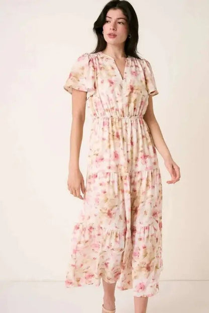 Mittoshop Flower Print Flutter Sleeve V Slit Maxi Dress - Dresses