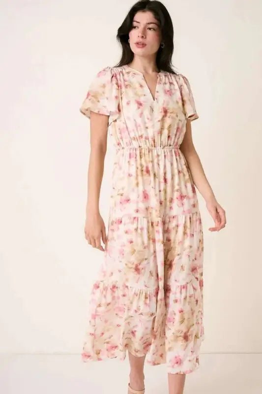 Mittoshop Flower Print Flutter Sleeve V Slit Maxi Dress - Dresses