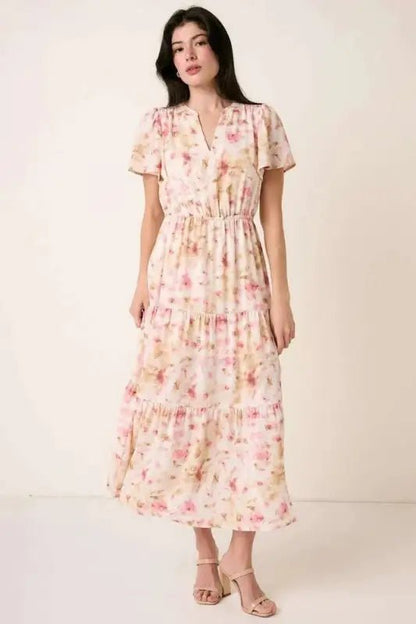 Mittoshop Flower Print Flutter Sleeve V Slit Maxi Dress - Dresses