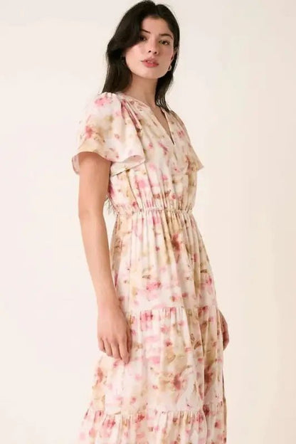 Mittoshop Flower Print Flutter Sleeve V Slit Maxi Dress - Dresses