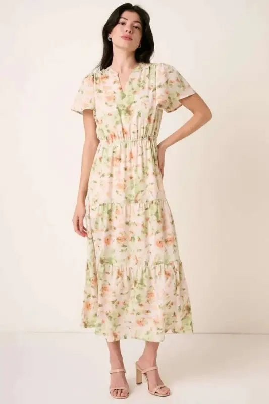 Mittoshop Flower Print Flutter Sleeve V Slit Maxi Dress - Dresses