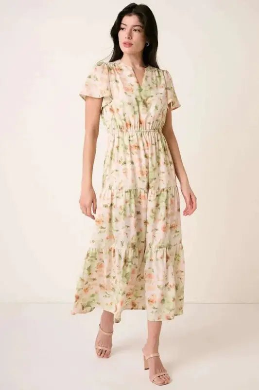 Mittoshop Flower Print Flutter Sleeve V Slit Maxi Dress - SAGE / S - Dresses