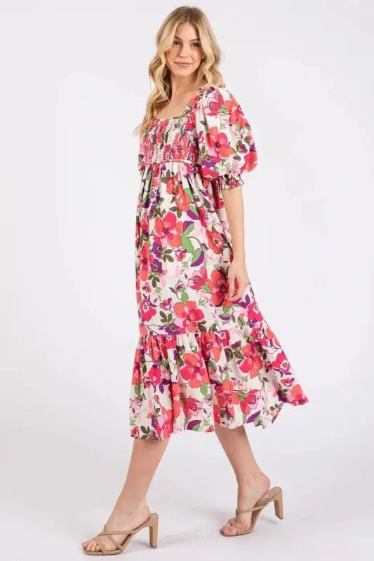 Mittoshop Flower Print Puff Sleeve Ruffle Smocked Midi Dress - Dresses