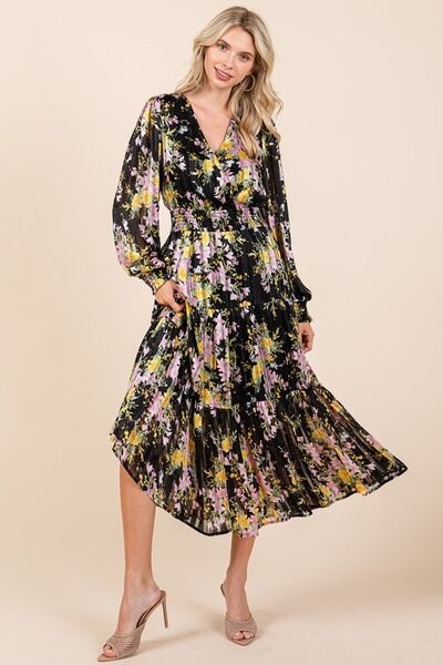 Mittoshop Flower Print Satin Lurex Stripe Smocked Midi Dress | Dresses | 3