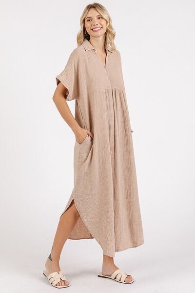 Mittoshop Mineral Wash V Neck Button Up Midi Shirt Dress | Dresses | 3