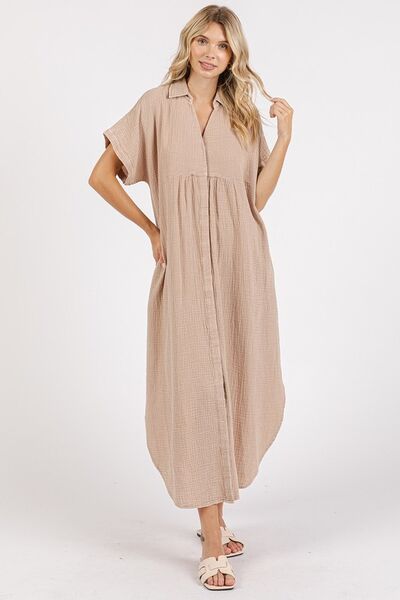 Mittoshop Mineral Wash V Neck Button Up Midi Shirt Dress | Dresses | 4