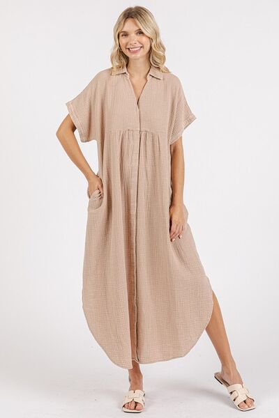 Mittoshop Mineral Wash V Neck Button Up Midi Shirt Dress | Dresses | 1