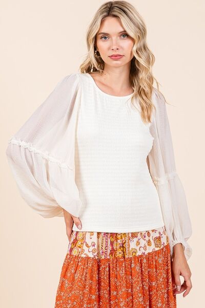 Mittoshop Mixed Media Textured Knit Chiffon Long Sleeve Top | Tops | 2