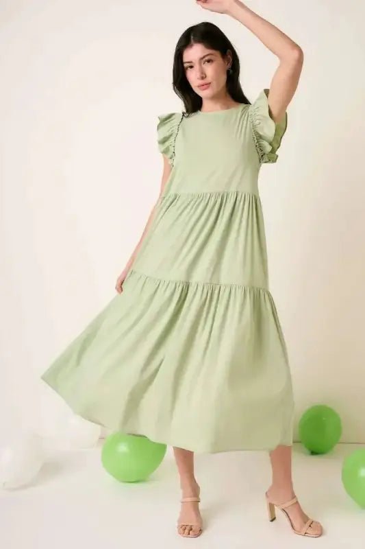 Mittoshop Ruffle Short Sleeve Tiered Maxi Dress - SAGE / S - Dresses