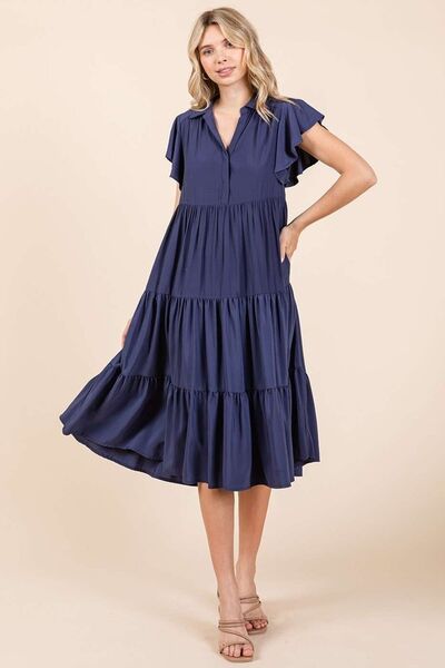 Mittoshop Ruffle Sleeve Collared V Neck Tiered Midi Dress | Dresses | 1