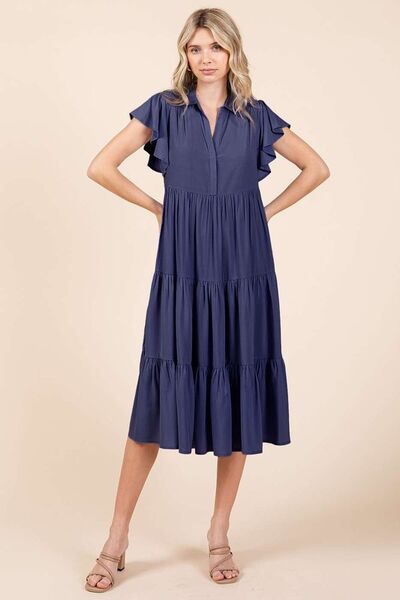 Mittoshop Ruffle Sleeve Collared V Neck Tiered Midi Dress | Dresses | 2