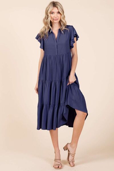 Mittoshop Ruffle Sleeve Collared V Neck Tiered Midi Dress | Dresses | 4