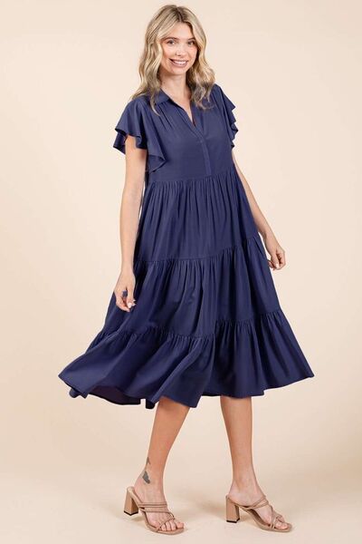 Mittoshop Ruffle Sleeve Collared V Neck Tiered Midi Dress | Dresses | 3