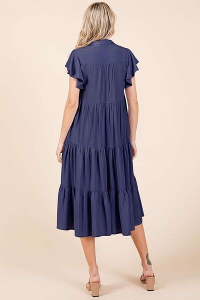 Mittoshop Ruffle Sleeve Collared V Neck Tiered Midi Dress | Dresses | 5