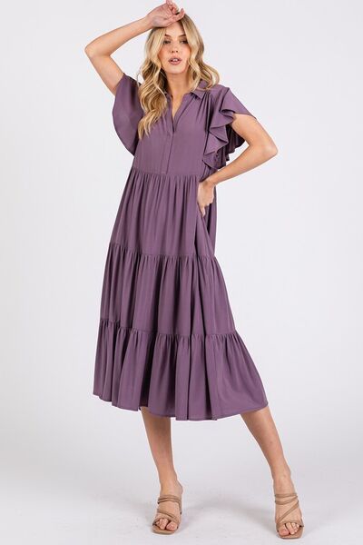 Mittoshop Ruffle Sleeve Collared V Neck Tiered Midi Dress | Dresses | 1