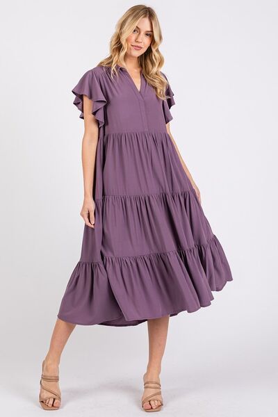 Mittoshop Ruffle Sleeve Collared V Neck Tiered Midi Dress | Dresses | 2