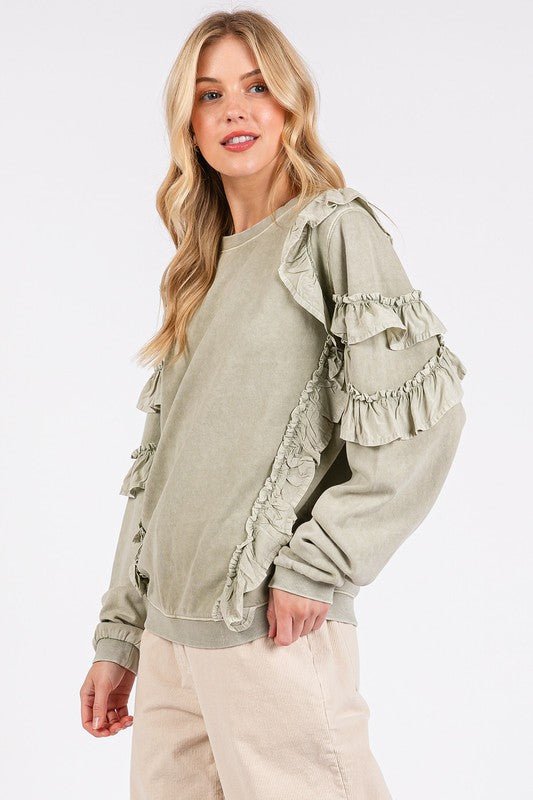 Mittoshop Ruffled Mineral Washed Round Neck Long Sleeve Sweatshirt | Tops | 4