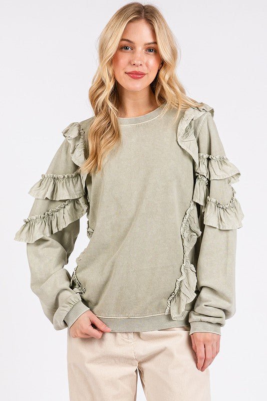 Mittoshop Ruffled Mineral Washed Round Neck Long Sleeve Sweatshirt | Tops | 1