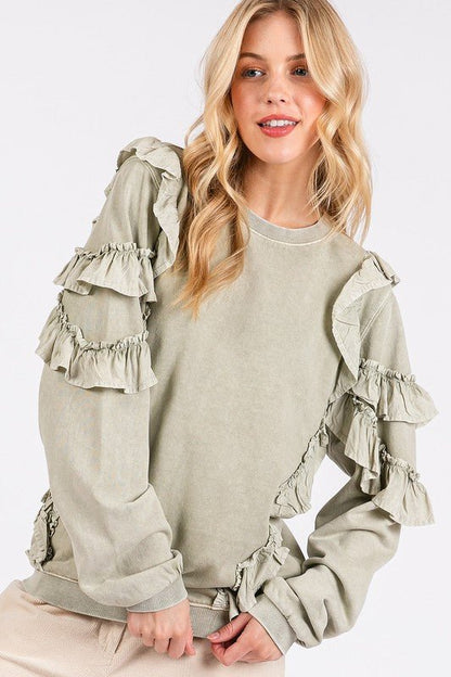 Mittoshop Ruffled Mineral Washed Round Neck Long Sleeve Sweatshirt | Tops | 3