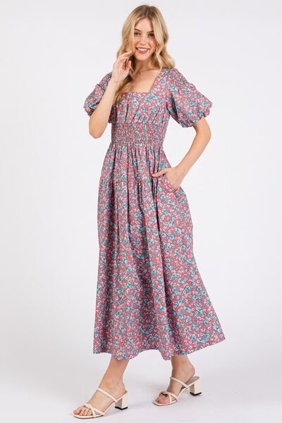 Mittoshop Smocked Floral Square Neck Puff Sleeve Midi Dress | Dresses | 3