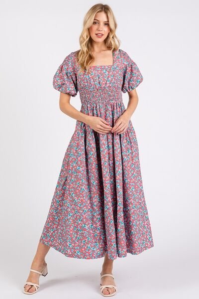 Mittoshop Smocked Floral Square Neck Puff Sleeve Midi Dress | Dresses | 1