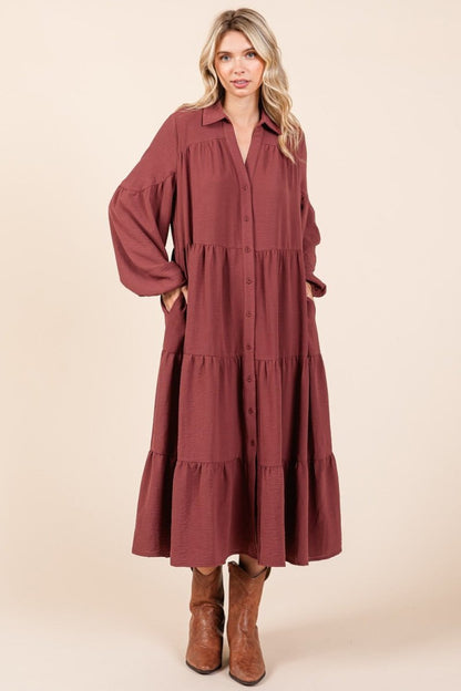 Mittoshop Tiered Button Down Long Sleeve Midi Dress | Midi Dresses | 5