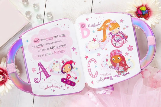 My Pretty Pink ABC of God Loves Me Book For Toddlers - Kids Books open children’s alphabet book
