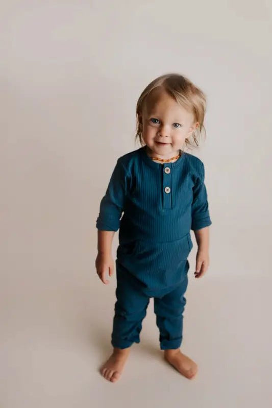 Navy Baby Ribbed Playsuit with pockets by Three Little Tots - Toddler Pajamas