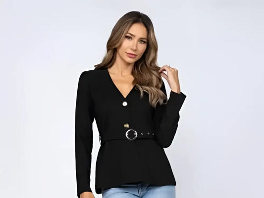 Noir Black Baby Doll Cut Blouse With Belt - Medium - Tops black belted blazer