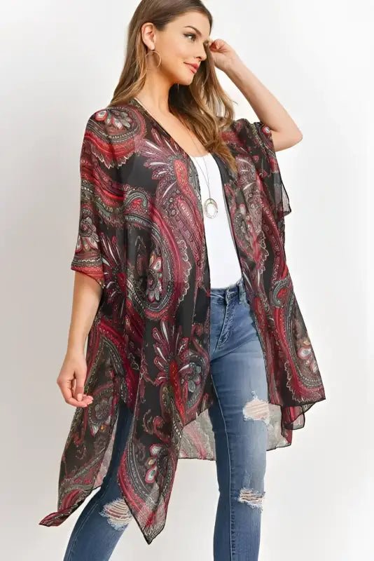 Paisley Print Open Front Kimono - Kimonos paisley patterned sheer kimono