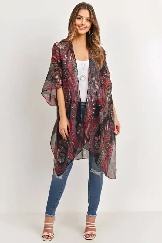 Paisley Print Open Front Kimono - Kimonos paisley print kimono