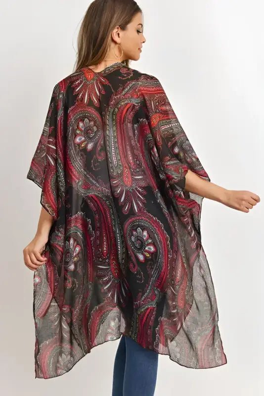 Paisley Print Open Front Kimono - Kimonos paisley patterned sheer kimono