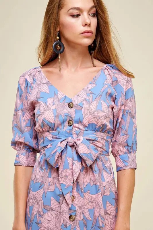 Pink/Blue Button Down Belted Floral Midi Dress - Dresses floral print dress tie waist