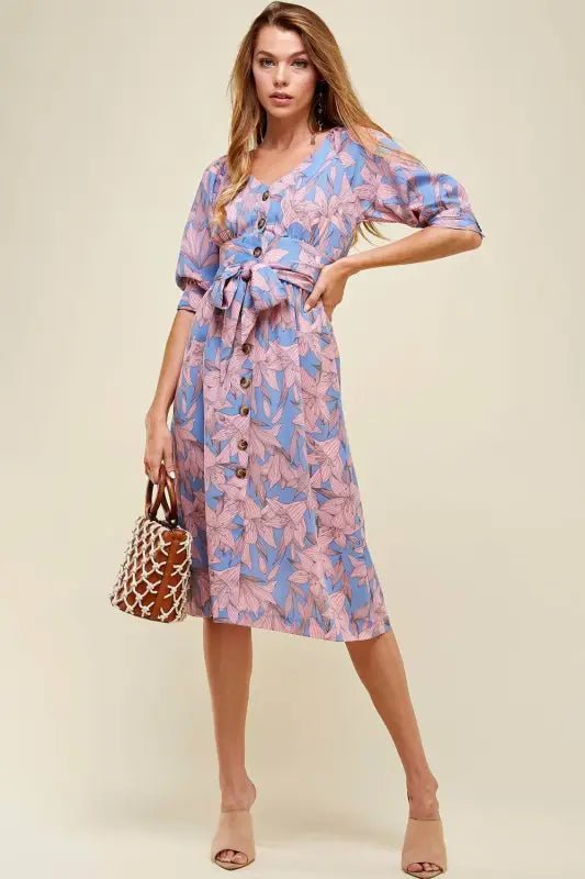Pink/Blue Button Down Belted Floral Midi Dress - Dresses floral print button-down dress