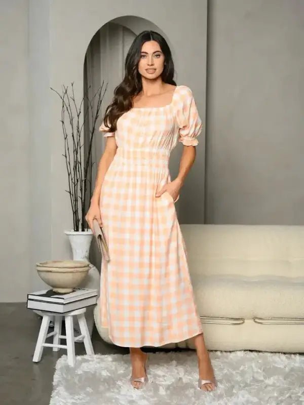 Plaid Smocked Waist Maxi Dress - Dresses woman peach plaid dress