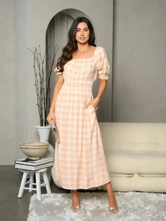 Plaid Smocked Waist Maxi Dress - Dresses woman peach plaid dress
