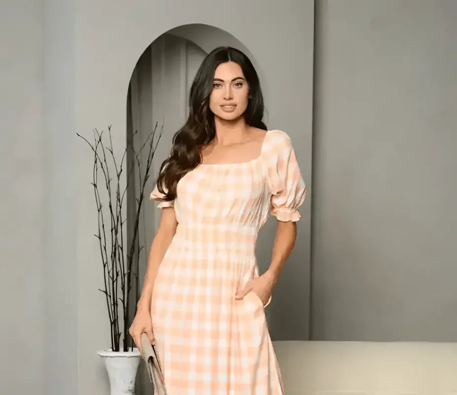 Plaid Smocked Waist Maxi Dress - Dresses peach plaid dress