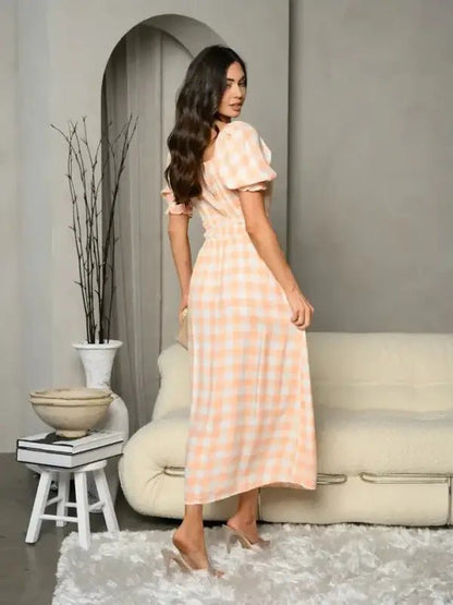 Plaid Smocked Waist Maxi Dress - Dresses woman peach plaid dress