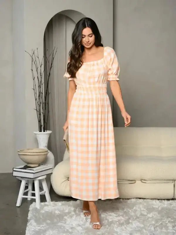 Plaid Smocked Waist Maxi Dress - Small - Dresses woman peach white checkered dress
