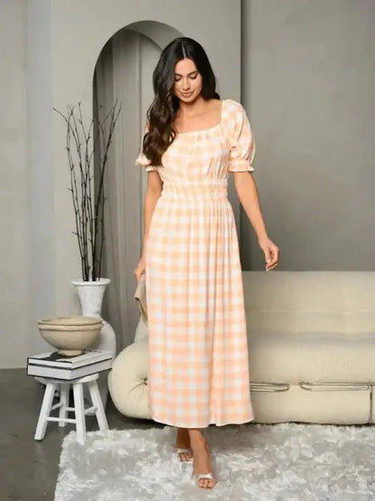 Plaid Smocked Waist Maxi Dress - Small - Dresses woman peach white checkered dress