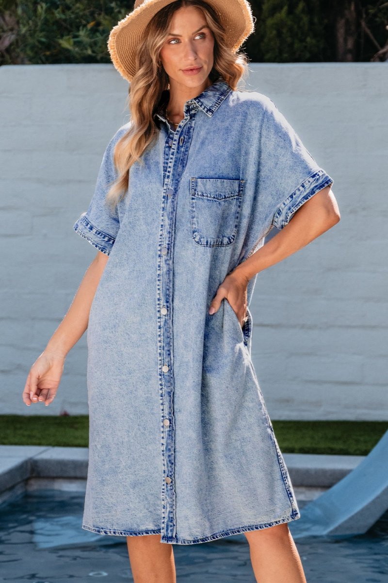 Pocketed Button Up Half Sleeve Denim Dress | Dresses | 1