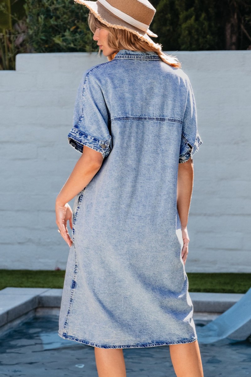 Pocketed Button Up Half Sleeve Denim Dress | Dresses | 4