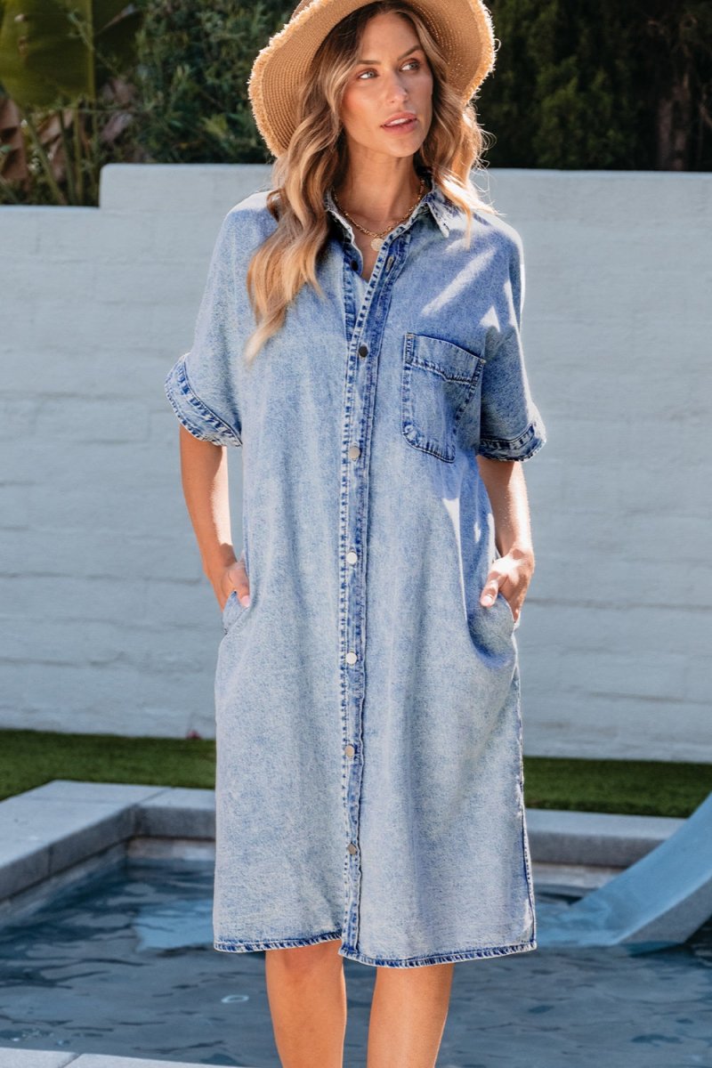 Pocketed Button Up Half Sleeve Denim Dress | Dresses | 2