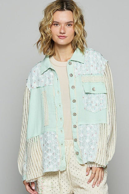 POL Lace Trim Crochet Button Up Denim Jacket | Jackets | 1