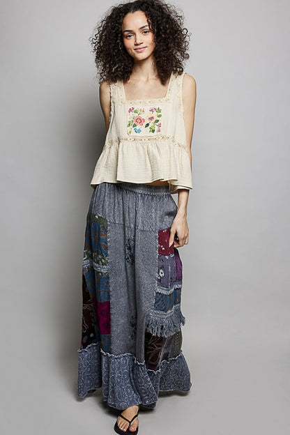 POL Printed Patchwork Embroidered Ruffled Skirt | Skirts | 4