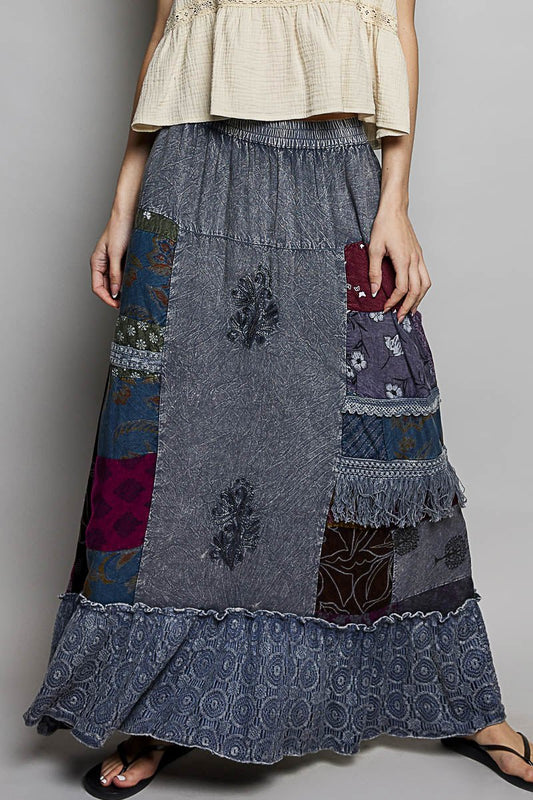 POL Printed Patchwork Embroidered Ruffled Skirt | Skirts | 1
