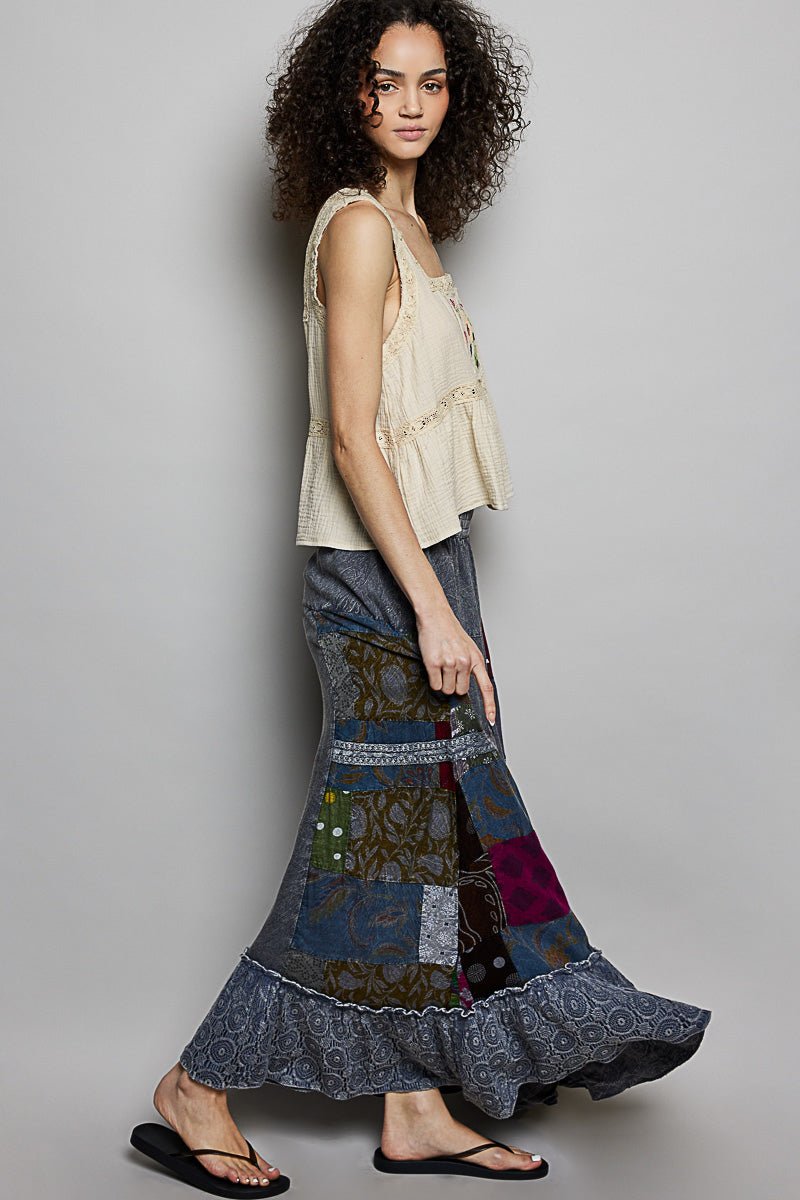 POL Printed Patchwork Embroidered Ruffled Skirt | Skirts | 5