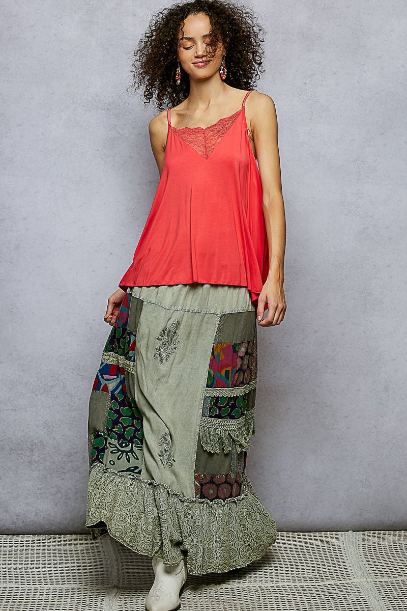 POL Printed Patchwork Embroidered Ruffled Skirt | Skirts | 5