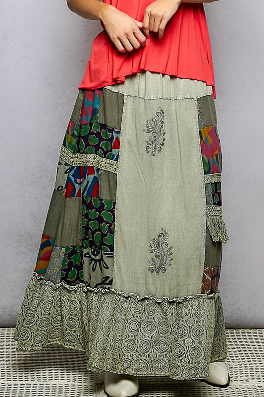 POL Printed Patchwork Embroidered Ruffled Skirt | Skirts | 1